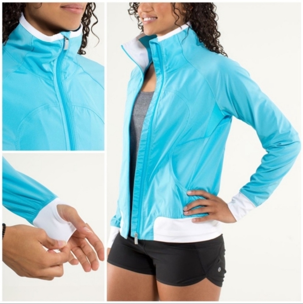 Lululemon‎ Run Track Attack Jacket In Spry Blue White Full Zip 4 Water Repellent